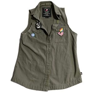 Glamour Kills Sleeveless Button Up Shirt Womens S Army Green Punk Peace Vibes